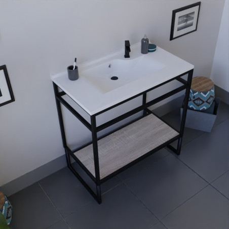 Meuble salle de bain STRUCTURA 80 cm structure inox noire, étagère coloris bois, plan vasque en résine