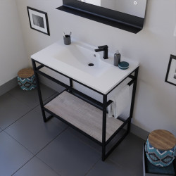 Meuble salle de bain STRUCTURA 80 cm, étagère bois, plan vasque en résine, miroir LED