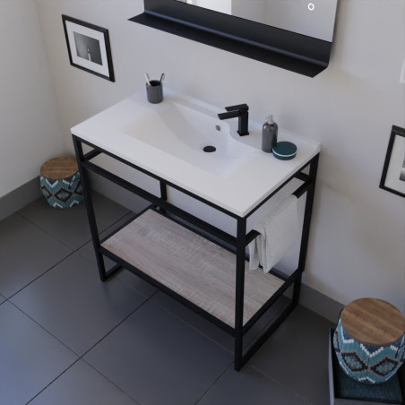 Meuble salle de bain STRUCTURA 80 cm, étagère bois, plan vasque en résine, miroir LED