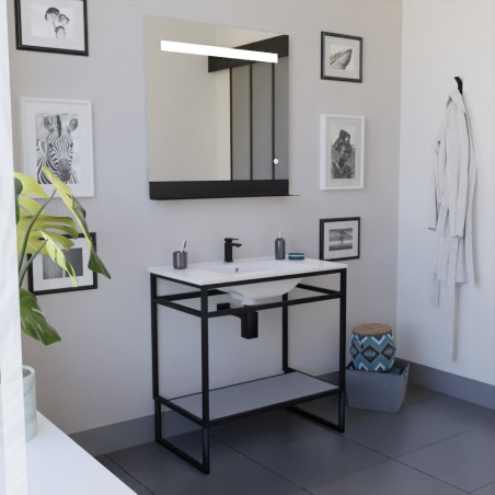 Meuble salle de bain STRUCTURA 80 cm, étagère grise, plan vasque en céramique, miroir LED