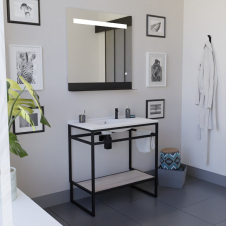 Meuble salle de bain STRUCTURA 80 cm, étagère bois, plan vasque en résine, miroir LED