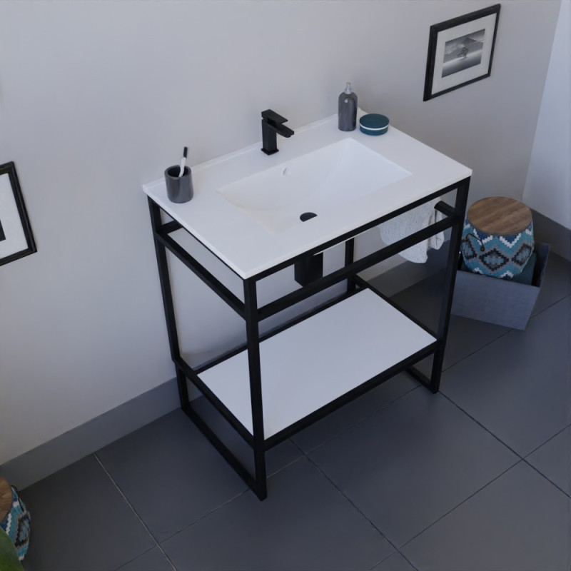 Meuble salle de bain STRUCTURA 70 cm structure inox noire, étagère blanche, plan vasque en céramique Meuble salle de bain STRUCTURA 70 cm structure inox noire, étagère blanche, plan vasque en céramique