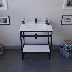 Meuble salle de bain STRUCTURA 70 cm structure inox noire, étagère blanche, plan vasque en céramique