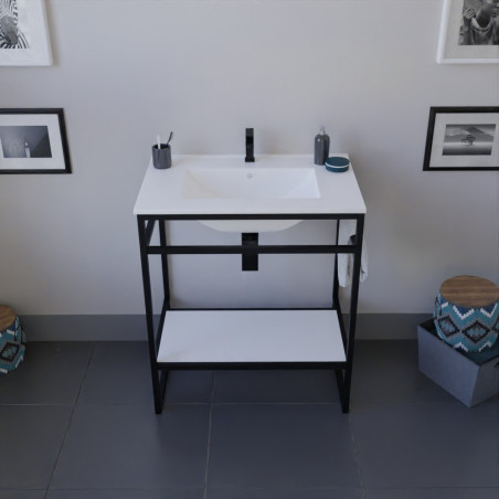 Meuble salle de bain STRUCTURA 70 cm structure inox noire, étagère blanche, plan vasque en céramique
