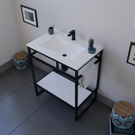 Meuble salle de bain STRUCTURA 70 cm structure inox noire, étagère blanche, plan vasque en céramique