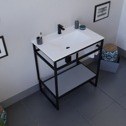 Meuble salle de bain STRUCTURA 70 cm structure inox noire, étagère grise, plan vasque en céramique