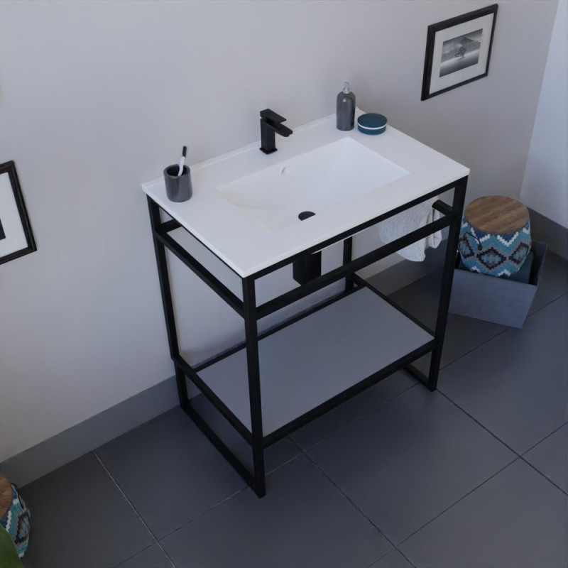 Meuble salle de bain STRUCTURA 70 cm structure inox noire, étagère grise, plan vasque en céramique Meuble salle de bain STRUCTURA 70 cm structure inox noire, étagère grise, plan vasque en céramique