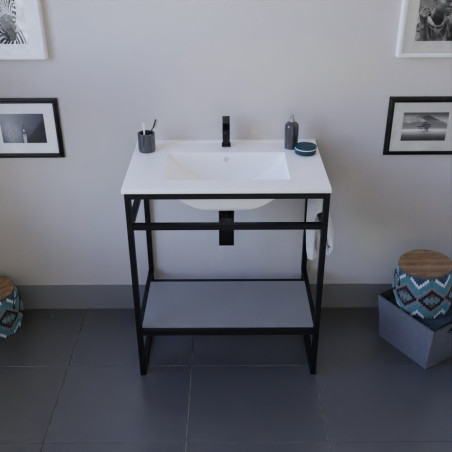 Meuble salle de bain STRUCTURA 70 cm structure inox noire, étagère grise, plan vasque en céramique