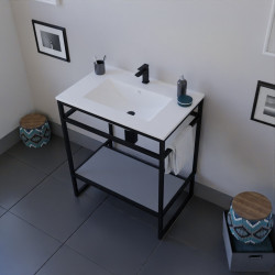 Meuble salle de bain STRUCTURA 70 cm structure inox noire, étagère grise, plan vasque en céramique
