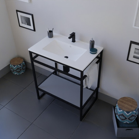 Meuble salle de bain STRUCTURA 70 cm structure inox noire, étagère grise, plan vasque en céramique