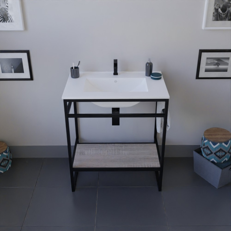 Meuble salle de bain STRUCTURA 70 cm structure inox noire, étagère bois, plan vasque en céramique Meuble salle de bain STRUCTURA 70 cm structure inox noire, étagère bois, plan vasque en céramique