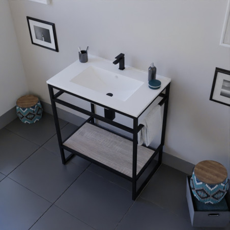 Meuble salle de bain STRUCTURA 70 cm structure inox noire, étagère bois, plan vasque en céramique