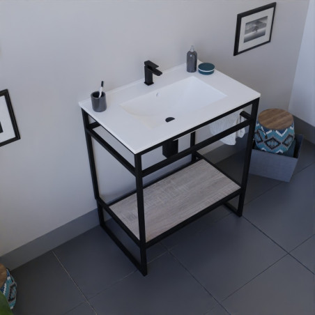 Meuble salle de bain STRUCTURA 70 cm structure inox noire, étagère bois, plan vasque en céramique