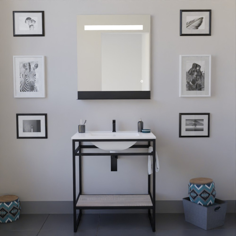 Meuble salle de bain STRUCTURA 70 cm, étagère bois, plan vasque en céramique, miroir LED Meuble salle de bain STRUCTURA 70 cm, étagère bois, plan vasque en céramique, miroir LED
