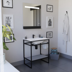 Meuble salle de bain STRUCTURA 70 cm, étagère grise, plan vasque en céramique, miroir LED