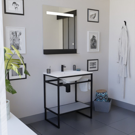 Meuble salle de bain STRUCTURA 70 cm, étagère grise, plan vasque en céramique, miroir LED