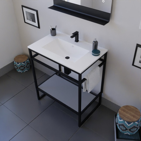 Meuble salle de bain STRUCTURA 70 cm, étagère grise, plan vasque en céramique, miroir LED