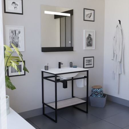 Meuble salle de bain STRUCTURA 70 cm, étagère bois, plan vasque en céramique, miroir LED