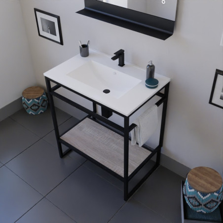 Meuble salle de bain STRUCTURA 70 cm, étagère bois, plan vasque en céramique, miroir LED