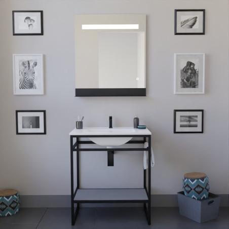 Meuble salle de bain STRUCTURA 70 cm, étagère grise, plan vasque en céramique, miroir LED