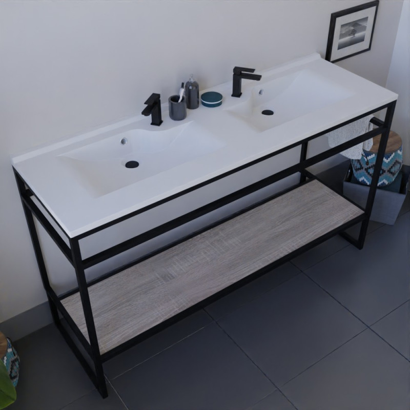 Meuble double vasque STRUCTURA 140 cm structure inox noire étagère ouverte coloris bois Meuble double vasque STRUCTURA 140 cm structure inox noire étagère ouverte coloris bois