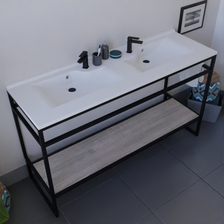 Meuble double vasque STRUCTURA 140 cm structure inox noire étagère ouverte coloris bois