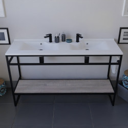 Meuble double vasque STRUCTURA 140 cm structure inox noire étagère ouverte coloris bois