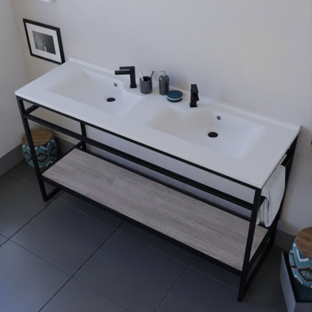 Meuble double vasque STRUCTURA 140 cm structure inox noire étagère ouverte coloris bois