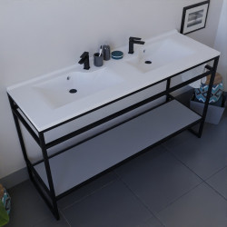 Meuble double vasque STRUCTURA 140 cm structure inox noire étagère ouverte grise