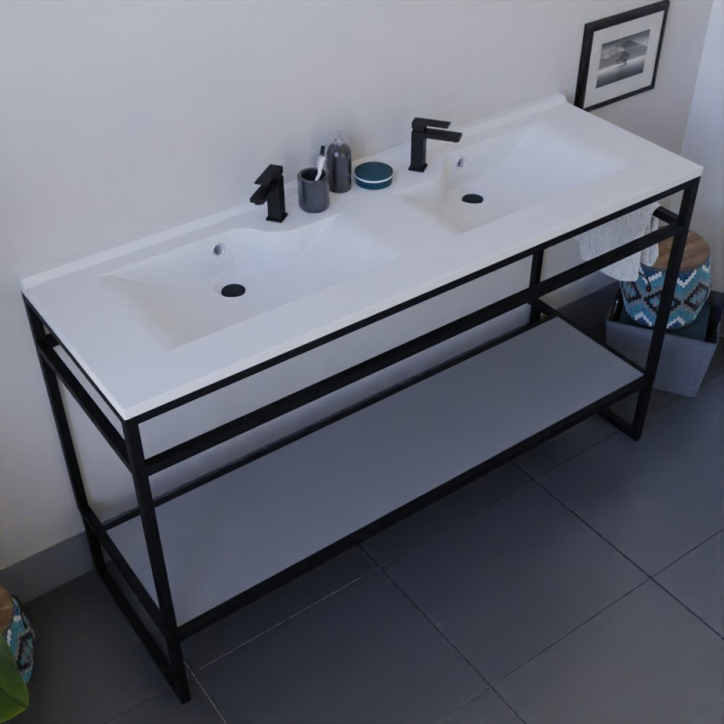 Meuble double vasque STRUCTURA 140 cm structure inox noire étagère ouverte grise Meuble double vasque STRUCTURA 140 cm structure inox noire étagère ouverte grise