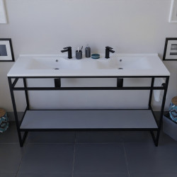 Meuble double vasque STRUCTURA 140 cm structure inox noire étagère ouverte grise