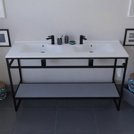 Meuble double vasque STRUCTURA 140 cm structure inox noire étagère ouverte grise