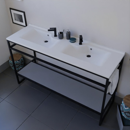 Meuble double vasque STRUCTURA 140 cm structure inox noire étagère ouverte grise