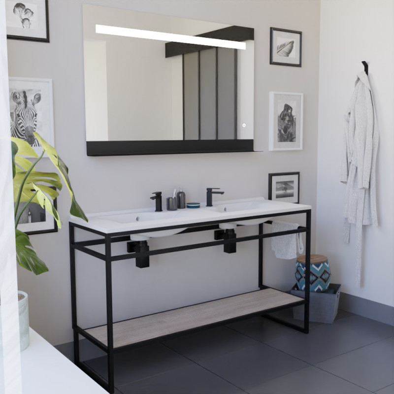 Meuble double vasque STRUCTURA 140 cm meuble en inox noir, étagère ouverte bois, miroir LED 120x80 cm Meuble double vasque STRUCTURA 140 cm meuble en inox noir, étagère ouverte bois, miroir LED 120x80 cm