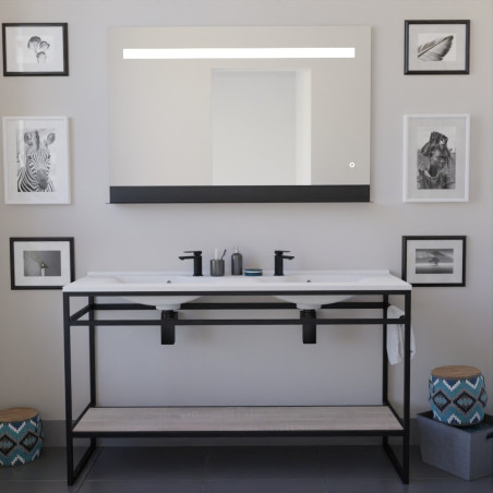 Meuble double vasque STRUCTURA 140 cm meuble en inox noir, étagère ouverte bois, miroir LED 120x80 cm