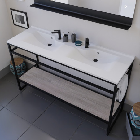Meuble double vasque STRUCTURA 140 cm meuble en inox noir, étagère ouverte bois, miroir LED 120x80 cm