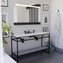 Meuble double vasque STRUCTURA 140 cm meuble en inox noir, étagère ouverte grise, miroir LED 120x80 cm