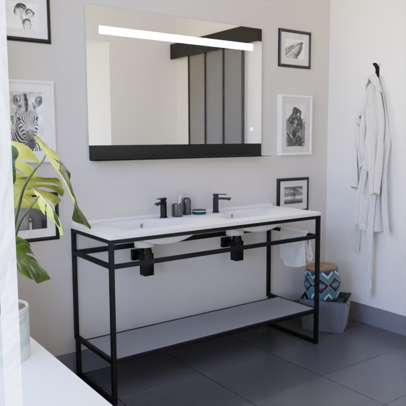 Meuble double vasque STRUCTURA 140 cm meuble en inox noir, étagère ouverte grise, miroir LED 120x80 cm Meuble double vasque STRUCTURA 140 cm meuble en inox noir, étagère ouverte grise, miroir LED 120x80 cm