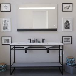 Meuble double vasque STRUCTURA 140 cm meuble en inox noir, étagère ouverte grise, miroir LED 120x80 cm