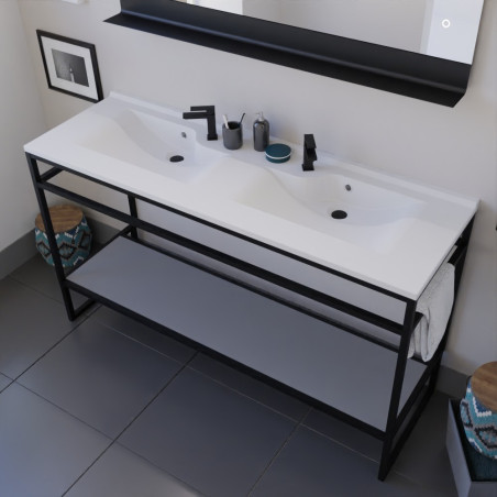 Meuble double vasque STRUCTURA 140 cm meuble en inox noir, étagère ouverte grise, miroir LED 120x80 cm