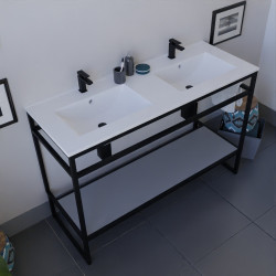 Meuble STRUCTURA 120 cm structure inox noire, étagère grise, plan double vasque en céramique