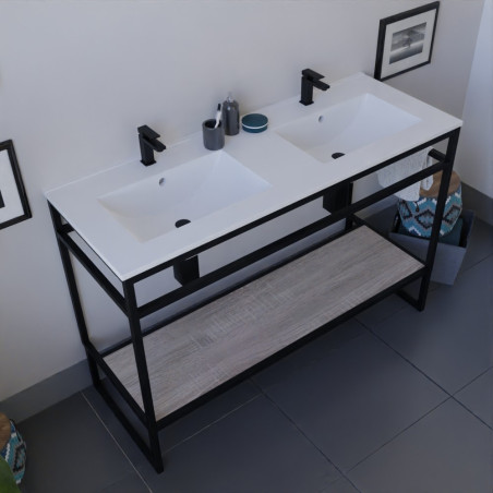 Meuble STRUCTURA 120 cm structure inox noire, étagère bois, plan double vasque en céramique
