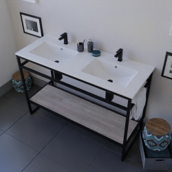 Meuble STRUCTURA 120 cm structure inox noire, étagère bois, plan double vasque en céramique