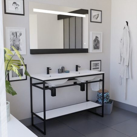 Meuble STRUCTURA 120 cm en inox noir, étagère ouverte blanche, plan double vasque céramique, miroir ETAL 120x80 cm
