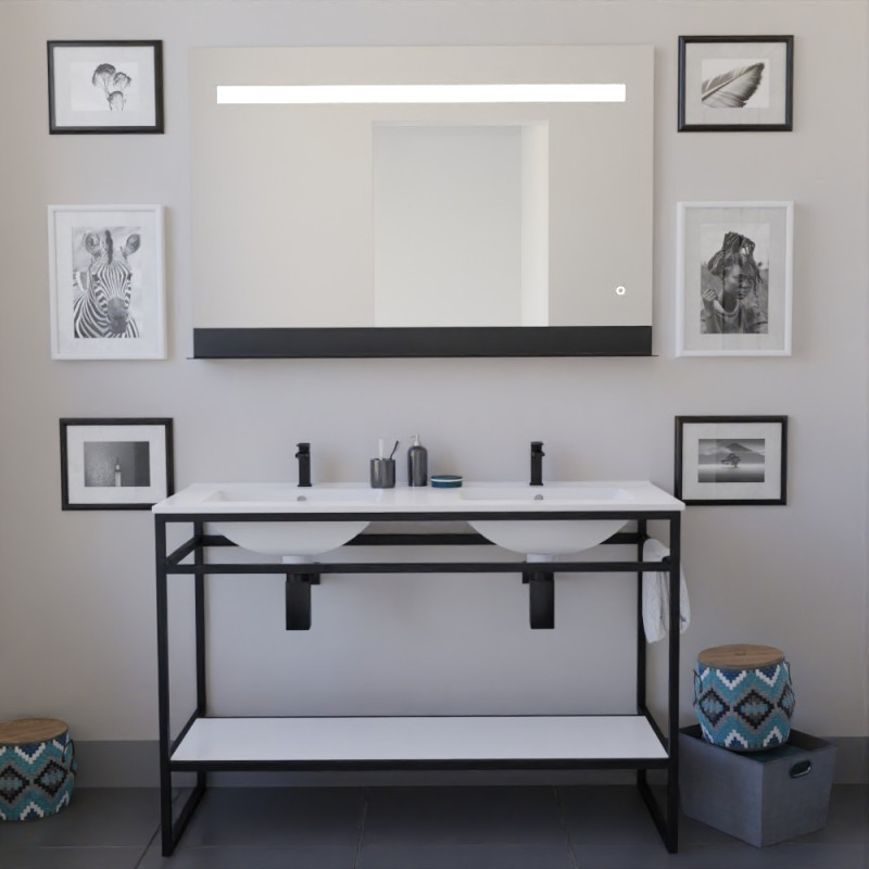 Meuble STRUCTURA 120 cm en inox noir, étagère ouverte blanche, plan double vasque céramique, miroir ETAL 120x80 cm Meuble STRUCTURA 120 cm en inox noir, étagère ouverte blanche, plan double vasque céramique, miroir ETAL 120x80 cm