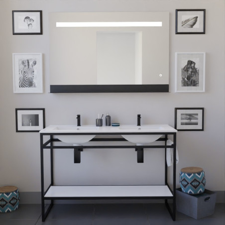 Meuble STRUCTURA 120 cm en inox noir, étagère ouverte blanche, plan double vasque céramique, miroir ETAL 120x80 cm