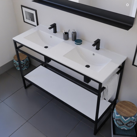 Meuble STRUCTURA 120 cm en inox noir, étagère ouverte blanche, plan double vasque céramique, miroir ETAL 120x80 cm