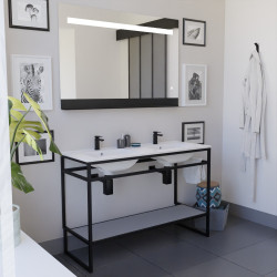 Meuble STRUCTURA 120 cm en inox noir, étagère ouverte grise, plan double vasque céramique, miroir ETAL 120x80 cm