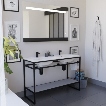 Meuble STRUCTURA 120 cm en inox noir, étagère ouverte grise, plan double vasque céramique, miroir ETAL 120x80 cm