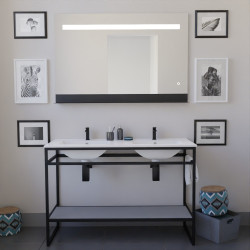 Meuble STRUCTURA 120 cm en inox noir, étagère ouverte grise, plan double vasque céramique, miroir ETAL 120x80 cm